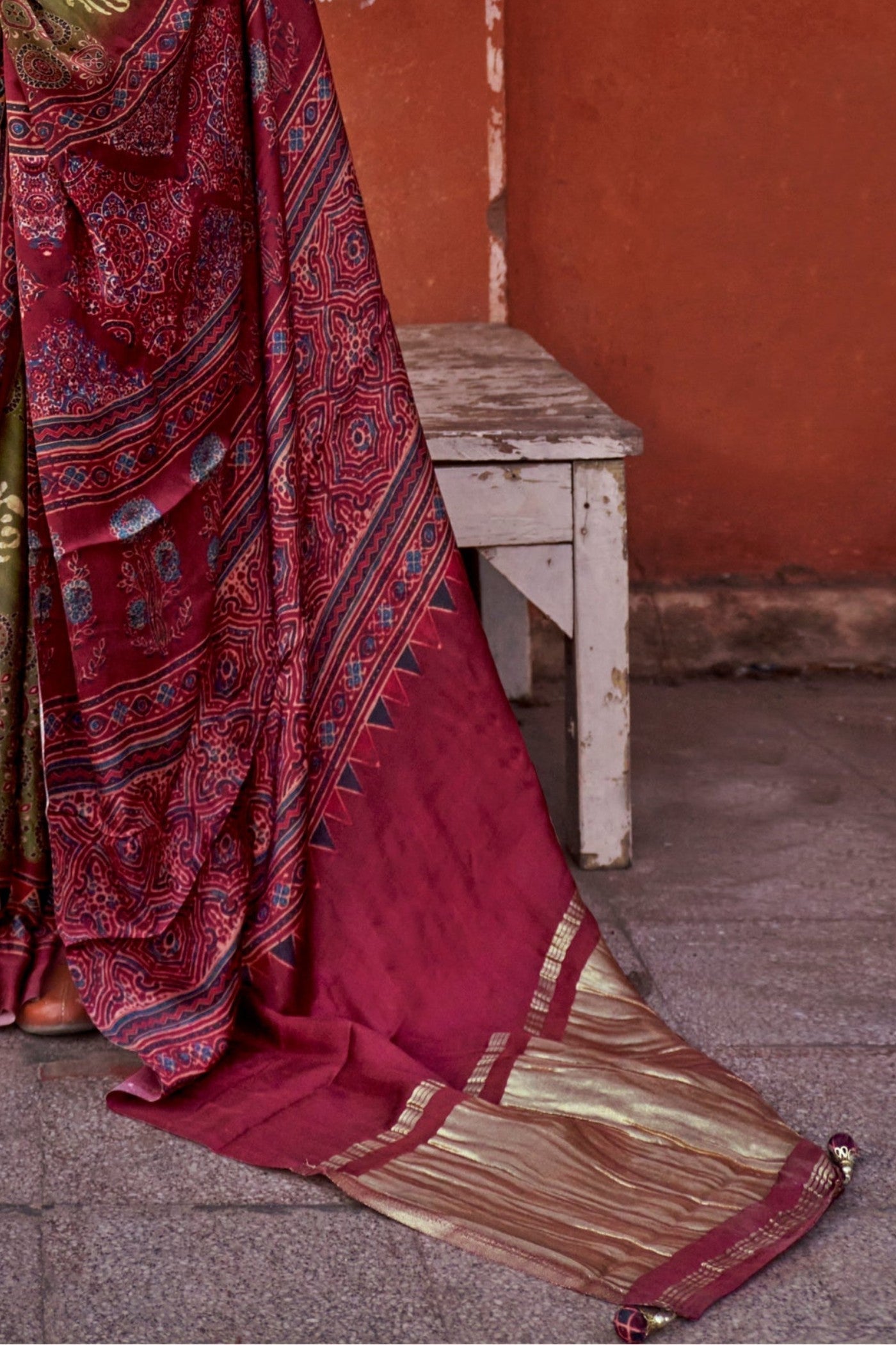 Locust Green and Maroon Ajrakh Handprinted Satin Saree