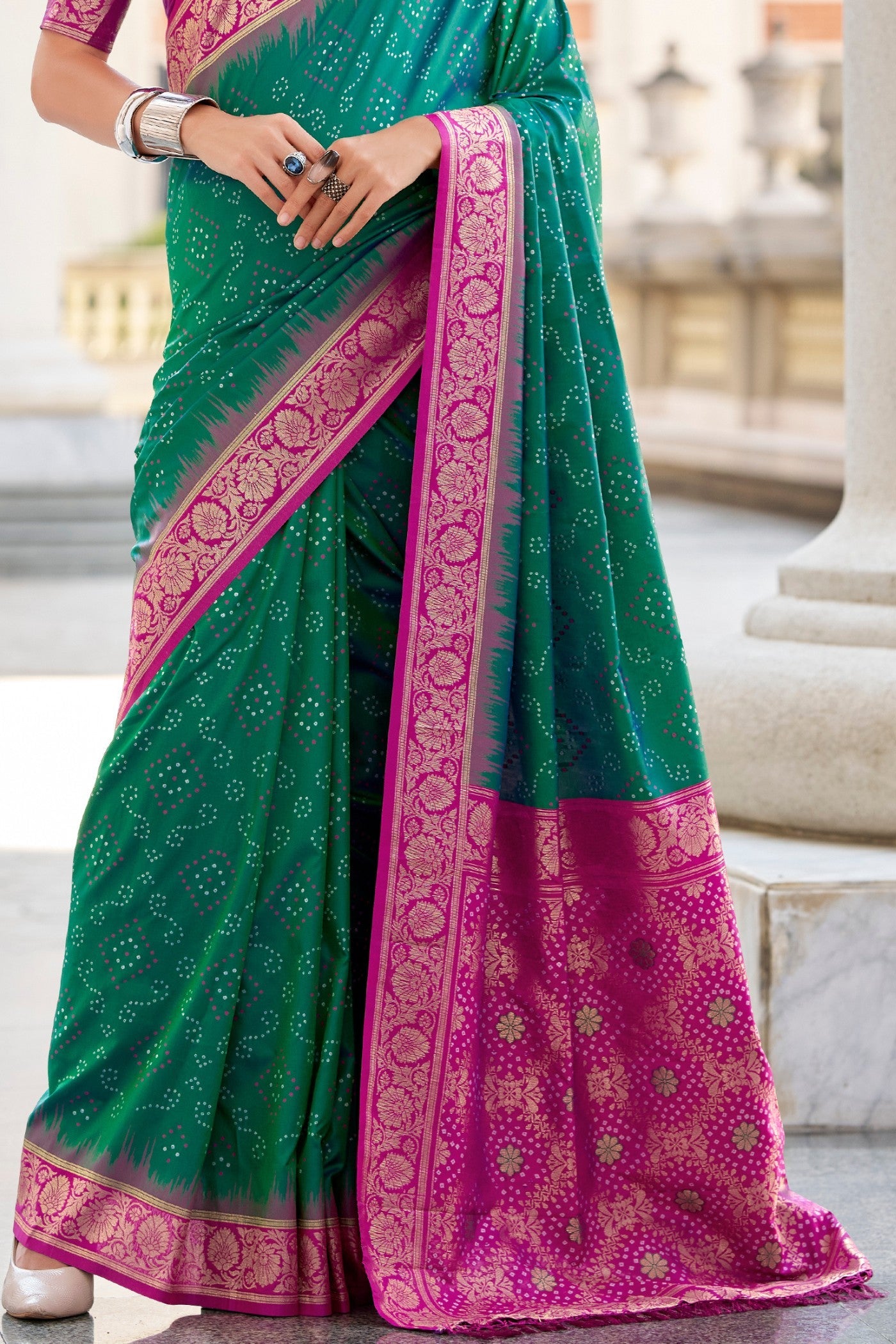 Eucalyptus Green Woven Banarasi Bandhani Soft Silk Saree