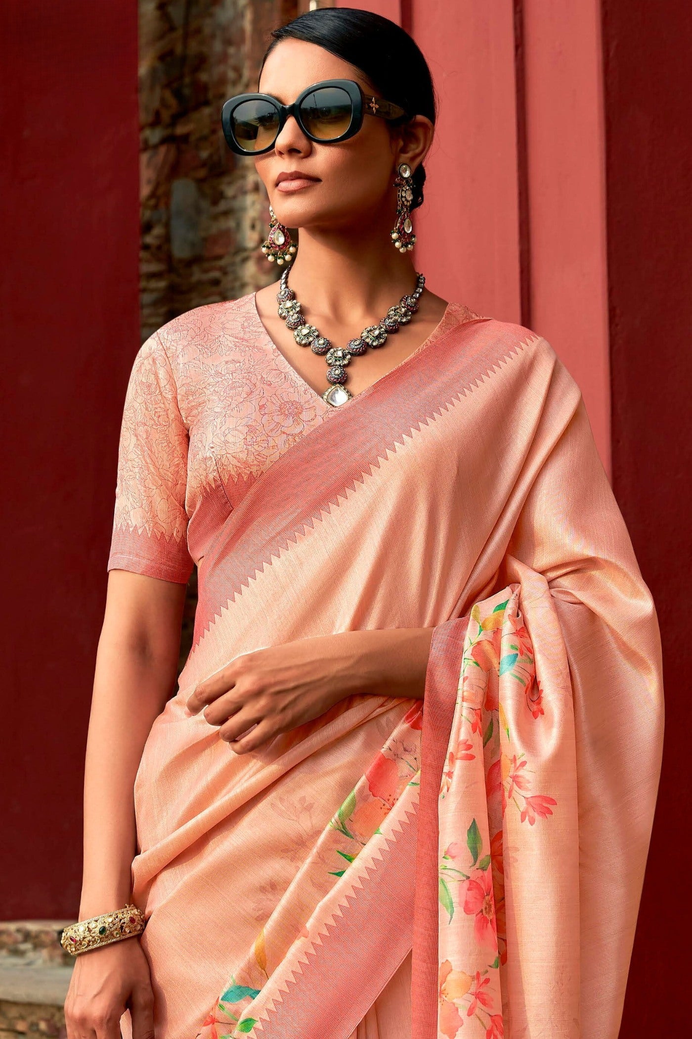 Sandstone Orange Digital Printed Banarasi Saree