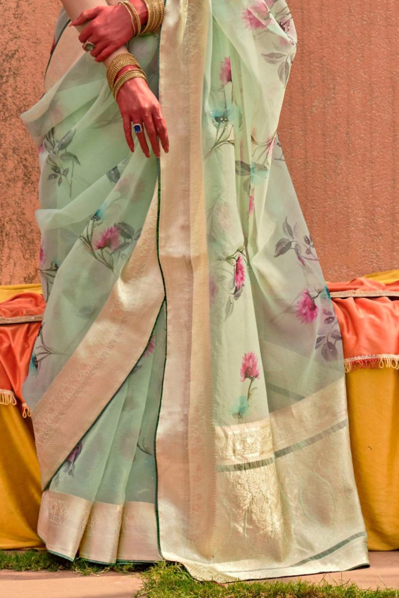 Pastel Green Zari Woven Organza Saree