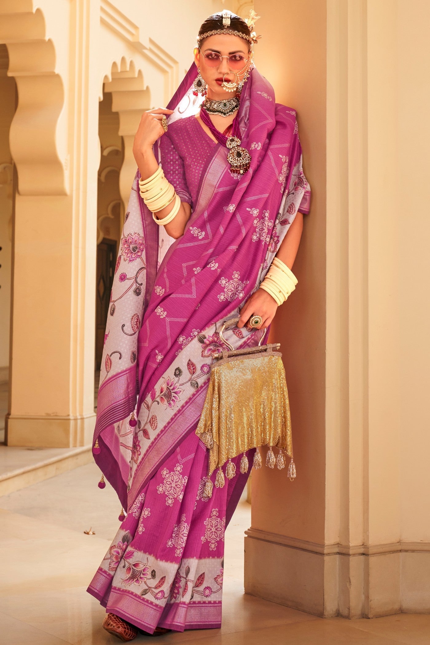 Hibiscus Pink Floral Printed Banarasi Saree