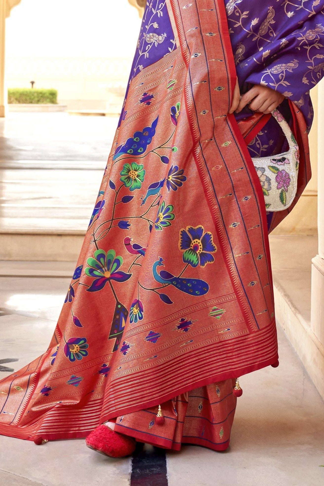 Purple Heart and Red Woven Paithani Designer Saree