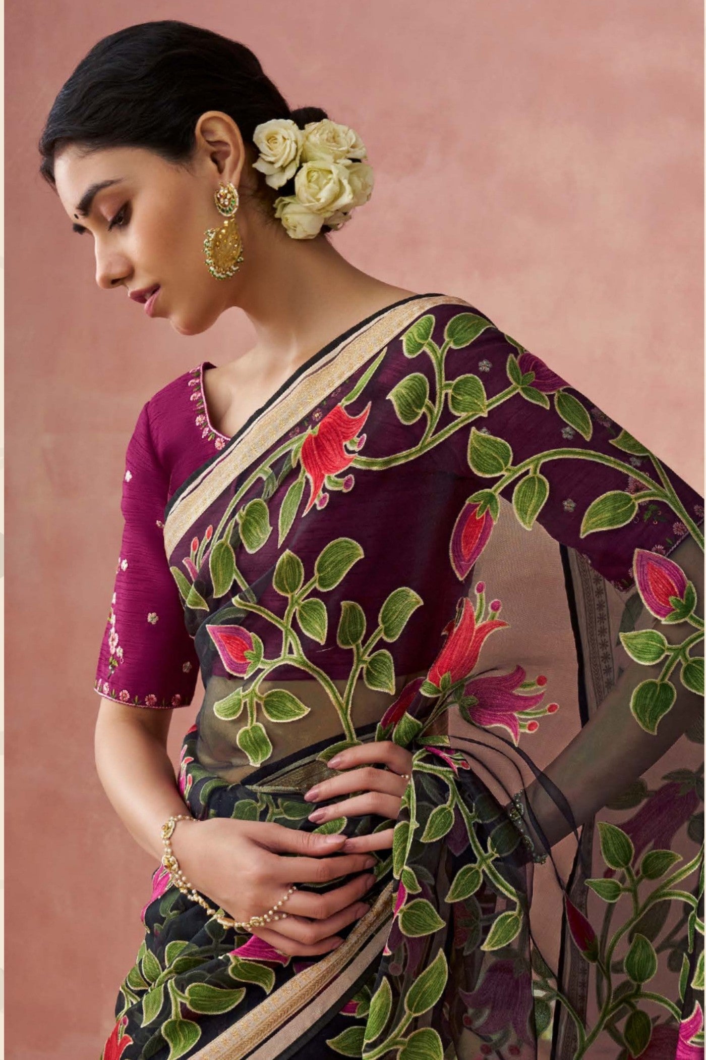 Creole Black Brasso Organza Printed Saree