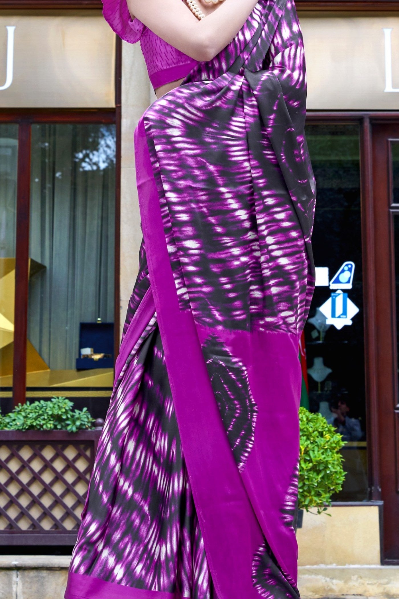 Magenta Purple Printed Satin Crepe Silk Saree