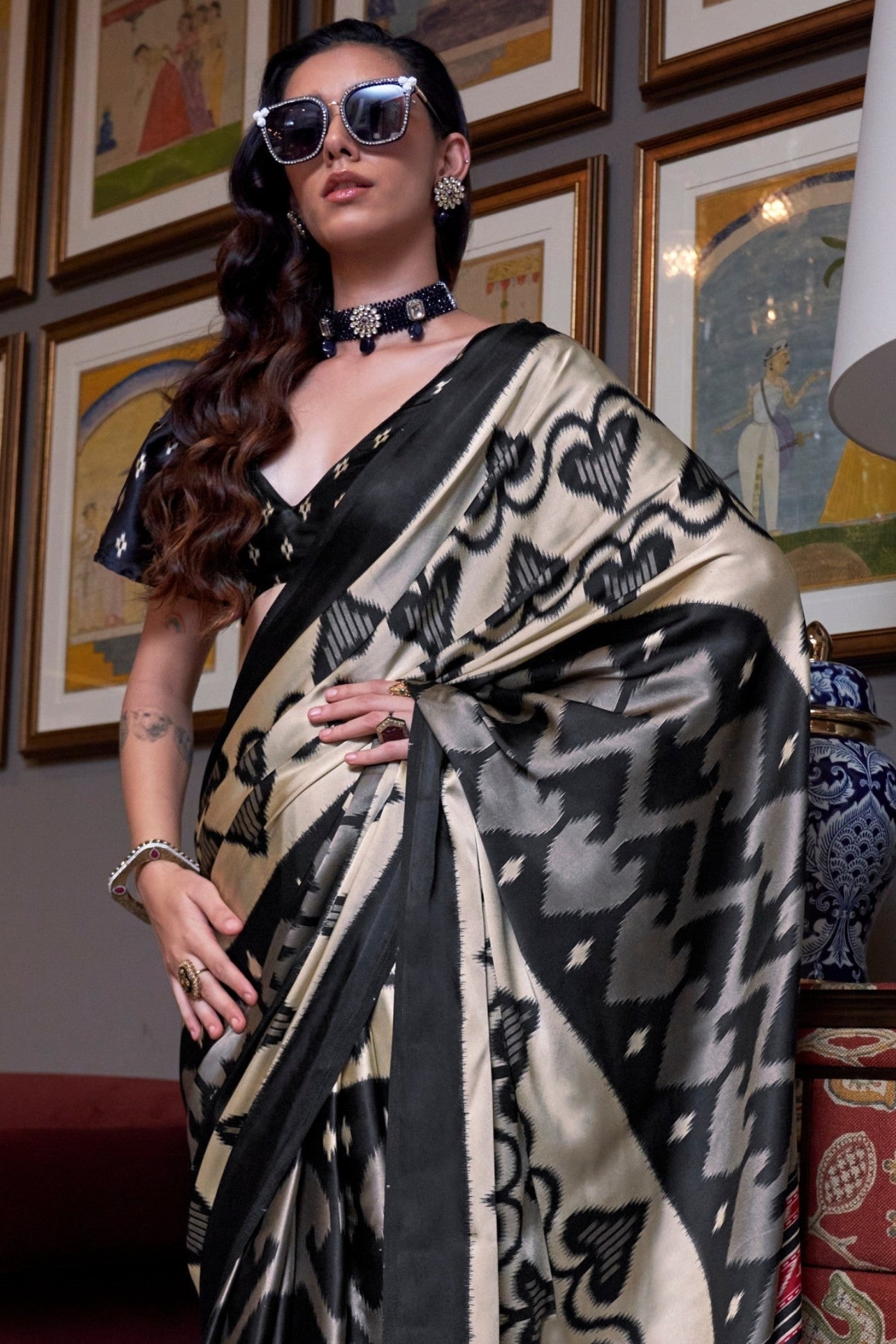 Rich Black and Cream Patola Printed Satin Crepe Saree