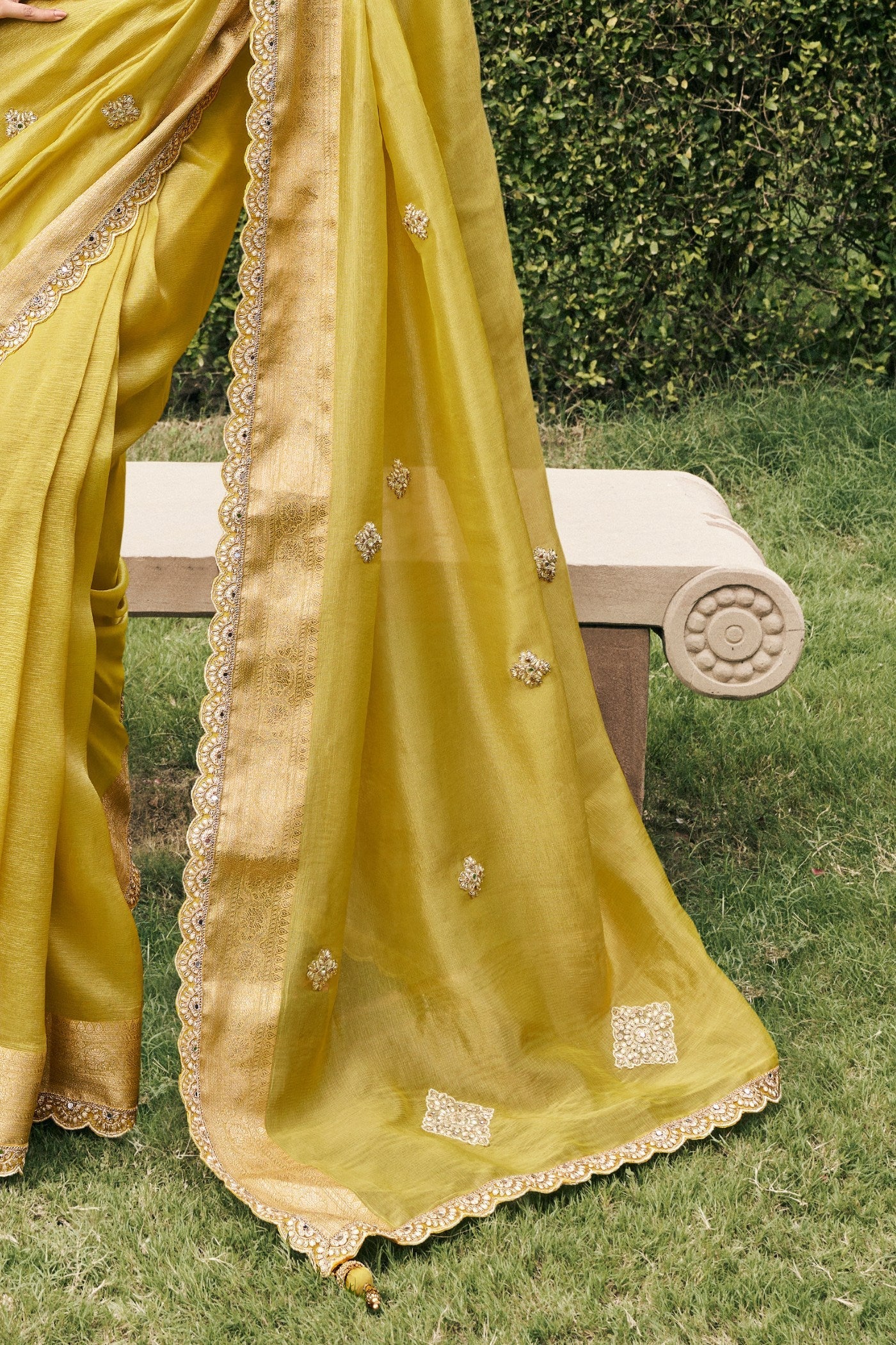 Tussock Yellow Banarasi Designer Embroidered Saree