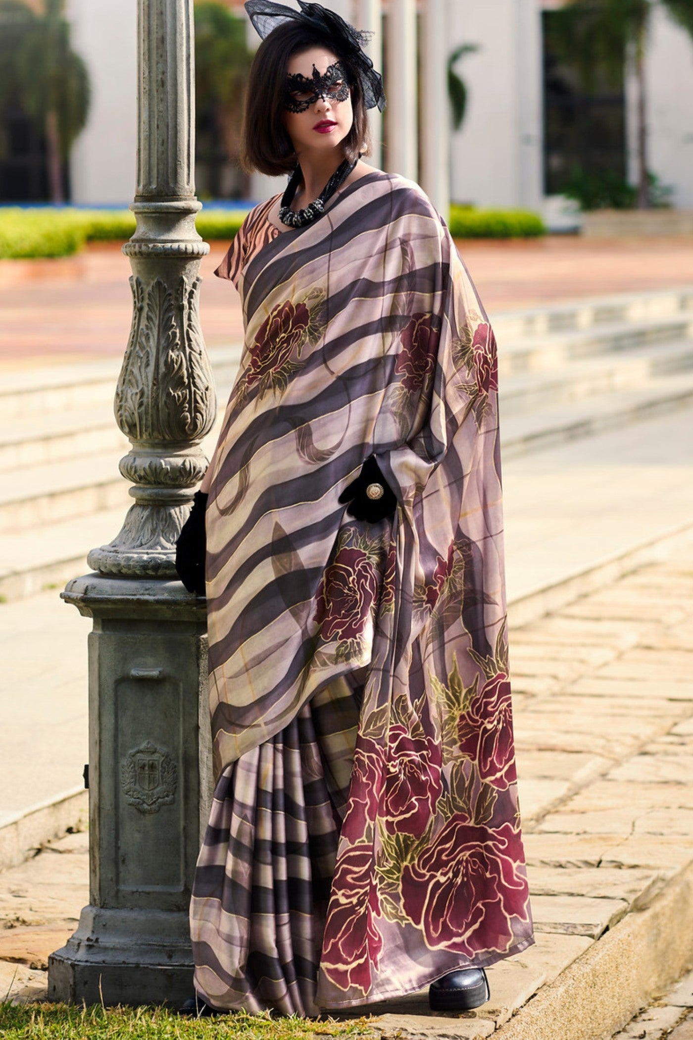 Don Juan Brown Printed Satin Crepe Silk Saree