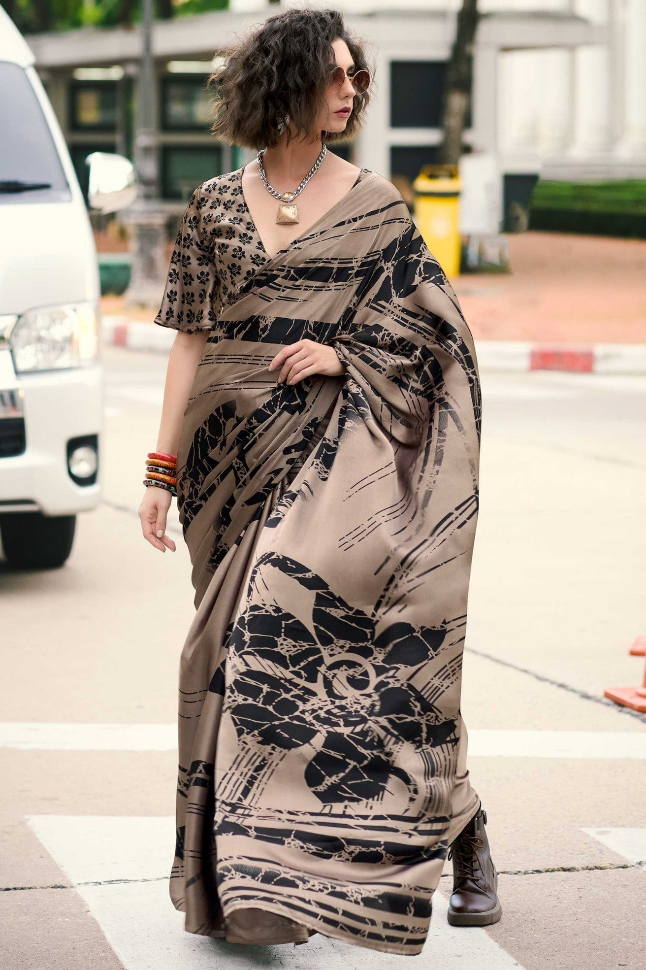 Espresso Brown Printed Satin Crepe Saree