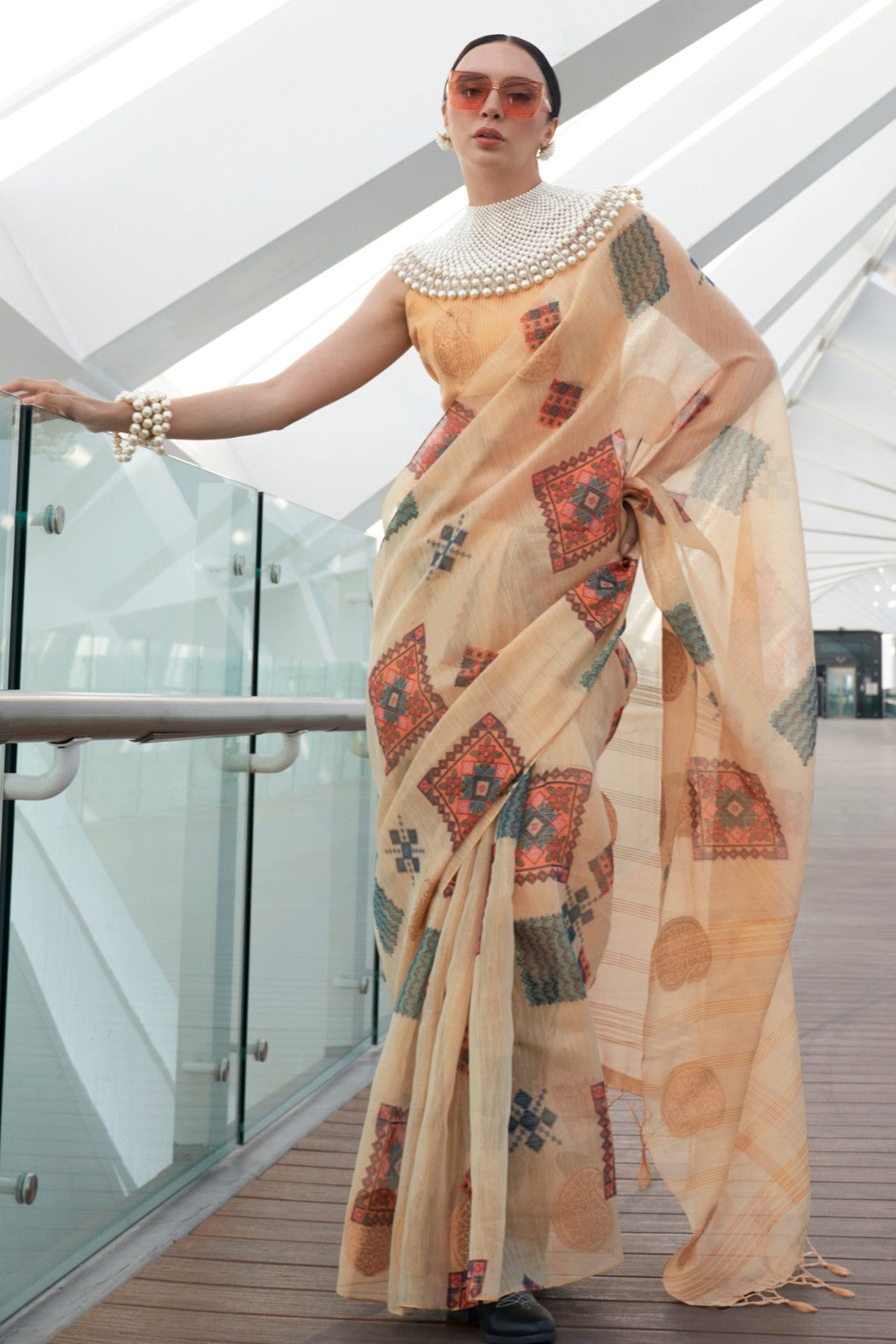 Malta Cream Printed Handloom Zari Tissue Saree