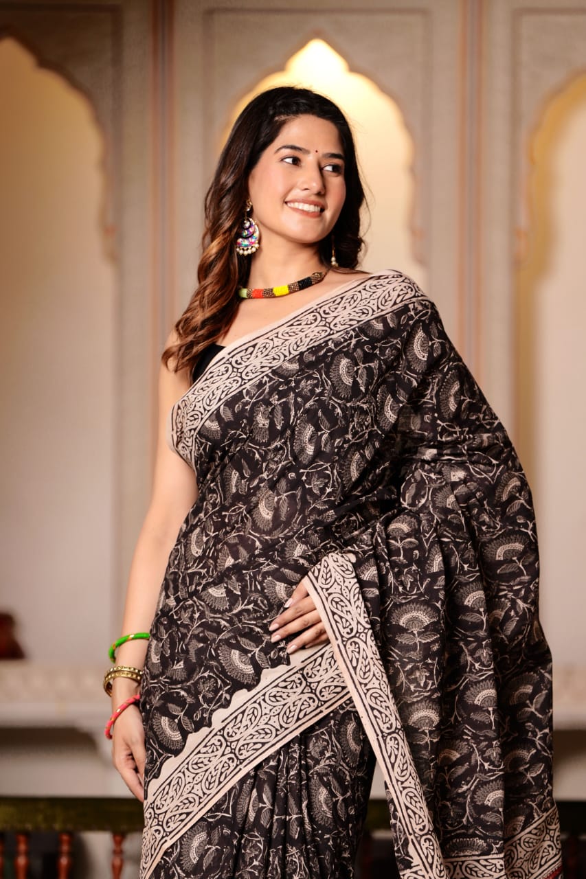 Woody Black Pure Cotton Handblock Printed Saree