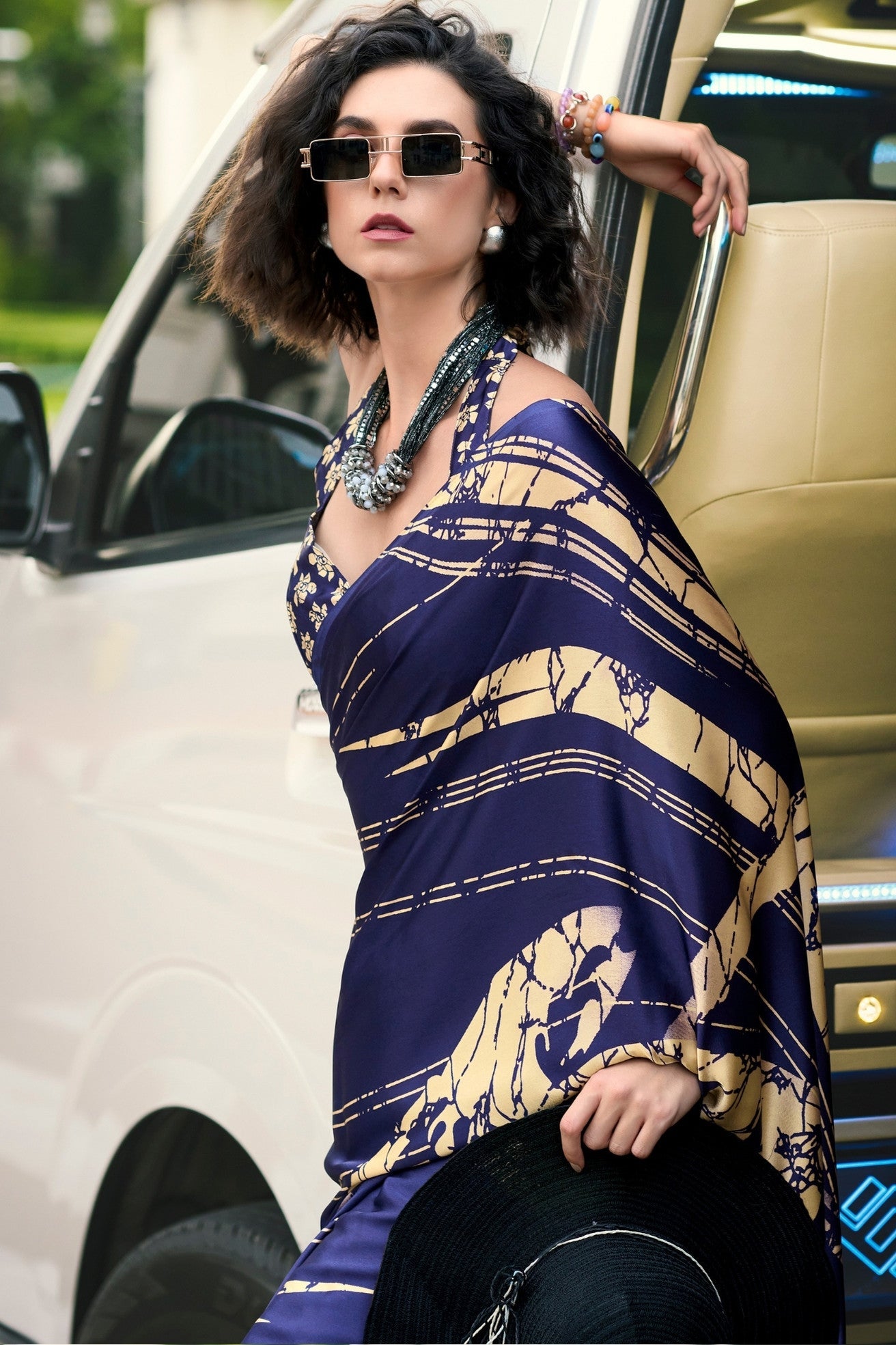 Azure Blue Printed Satin Crepe Saree