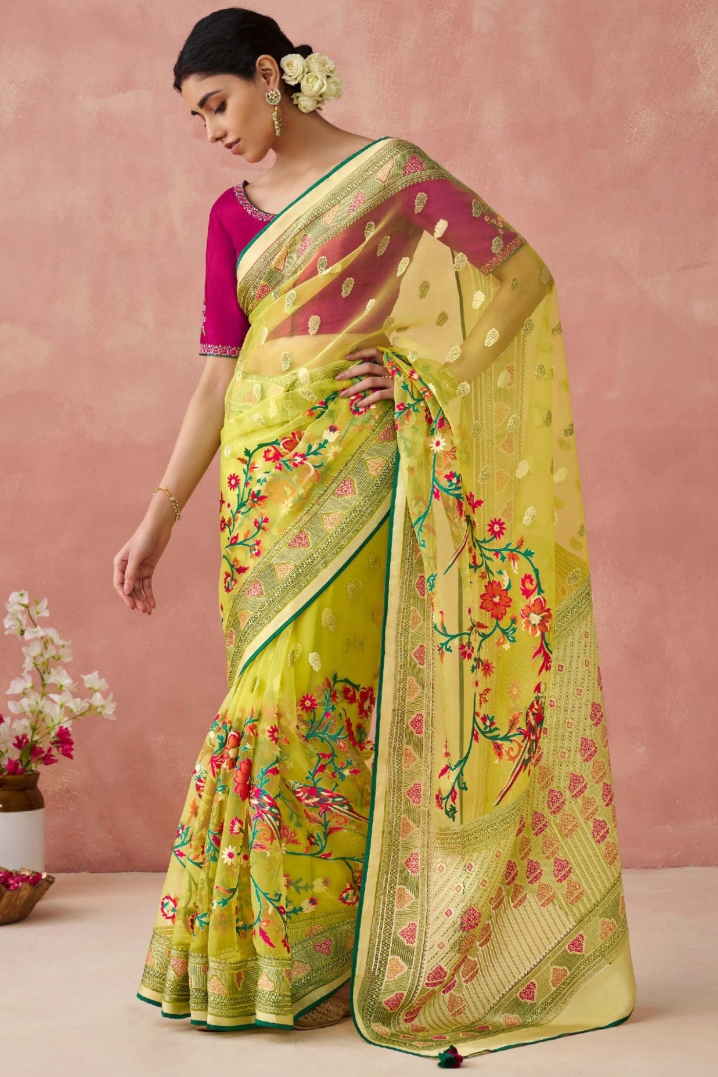 Equator Yellow Brasso Organza Printed Saree