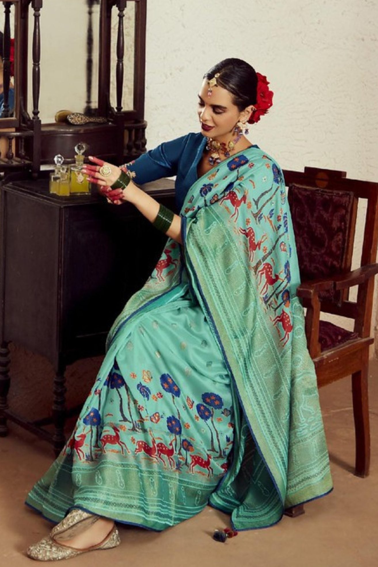 Winter Green Printed Brasso Soft Silk Saree