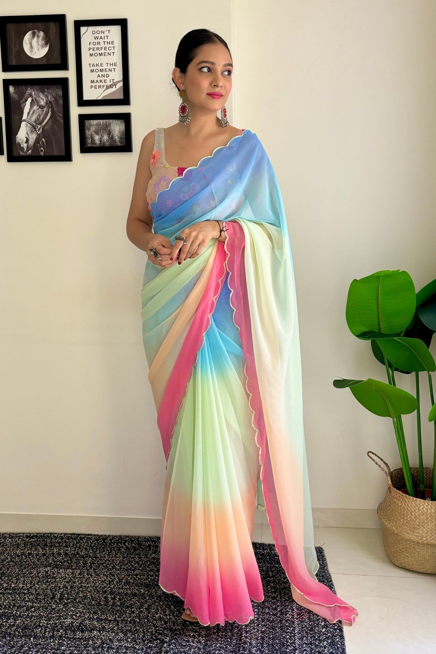 Bloom Pink and Blue Georgette Saree