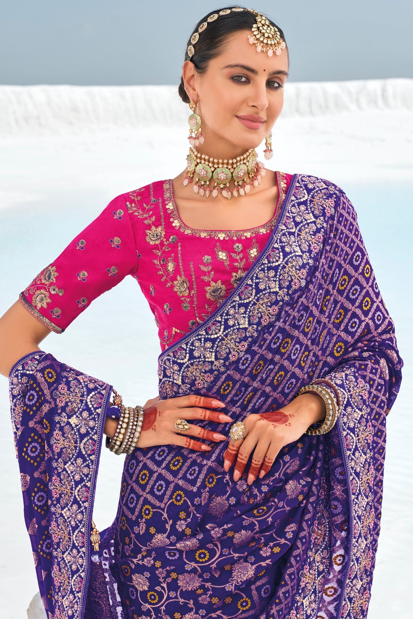 Blue Hibiscus Georgette Patola Saree