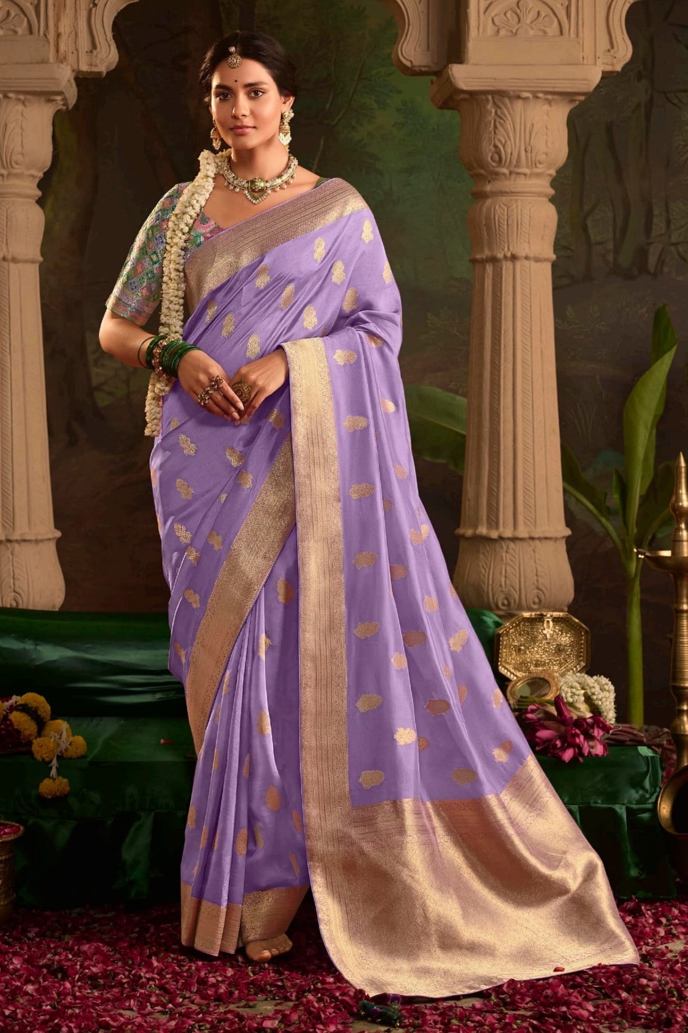 Glossy Grape Purple Designer Banarasi Dola Silk Saree