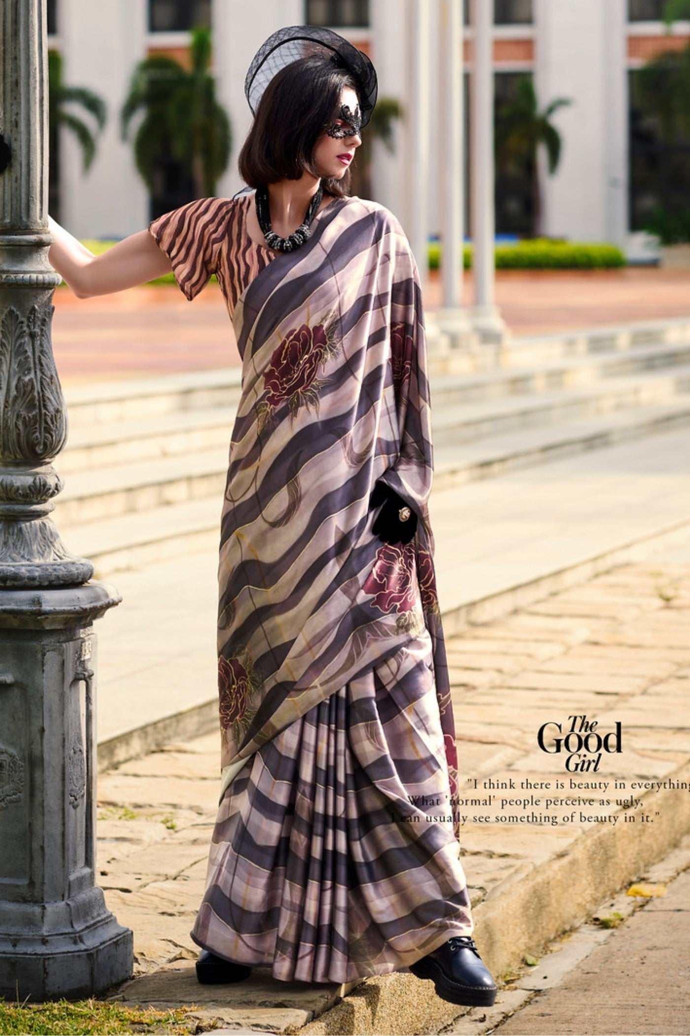 Don Juan Brown Printed Satin Crepe Silk Saree