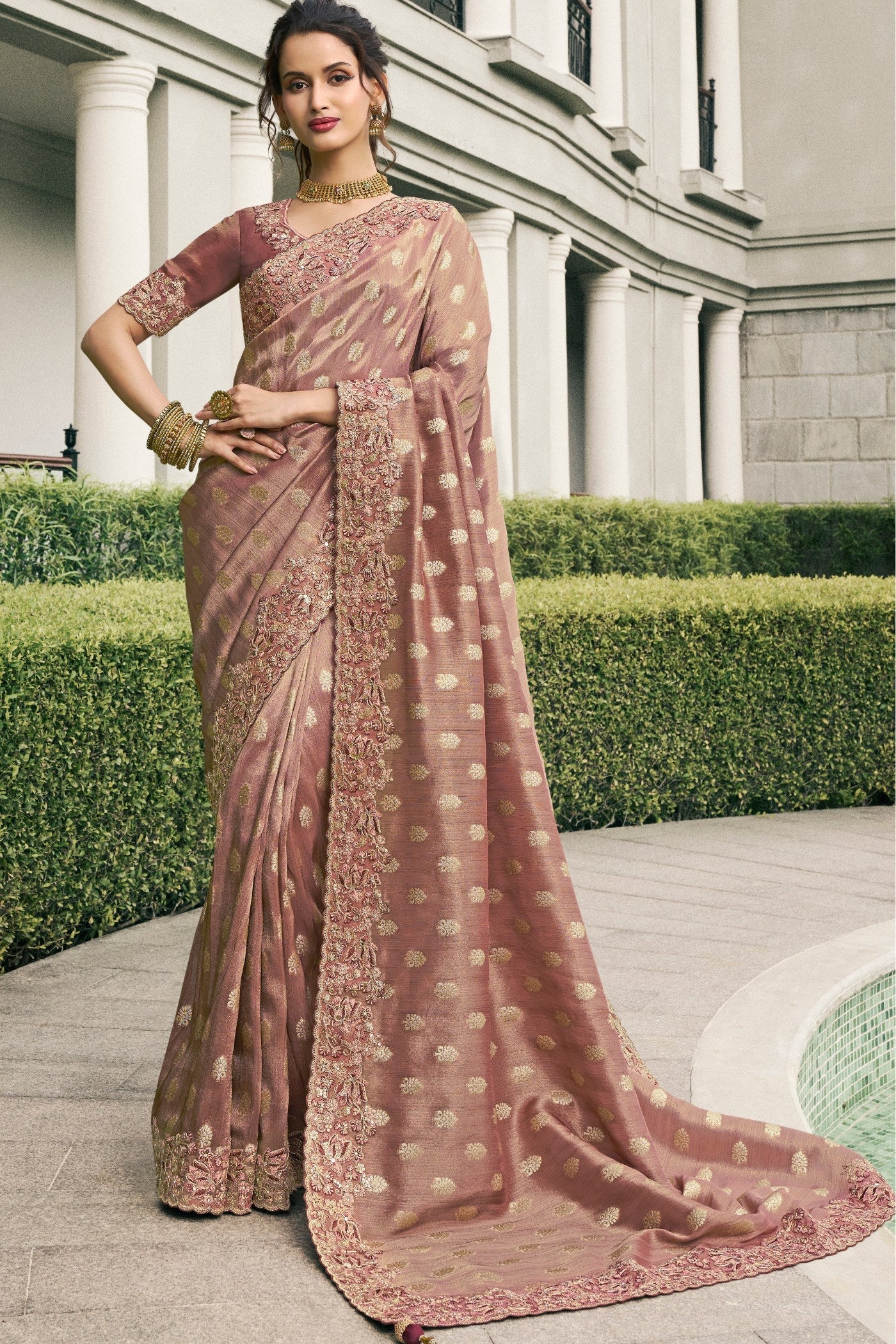 Coffee Brown Banarasi Designer Embroidered Saree