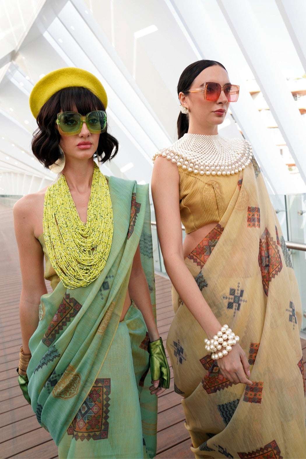 Yuma Green Printed Handloom Zari Tissue Saree