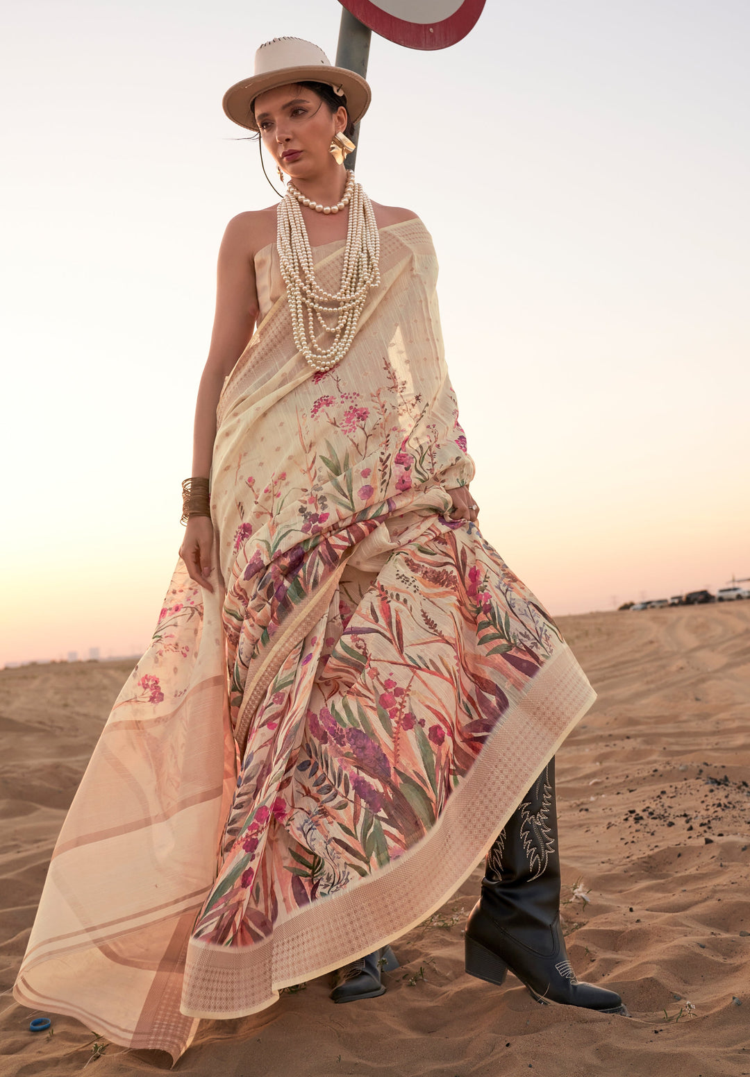 Desert Sand Cream Woven Linen Saree