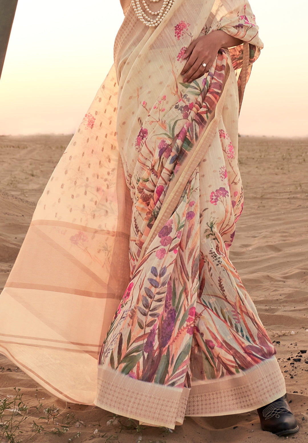 Desert Sand Cream Woven Linen Saree