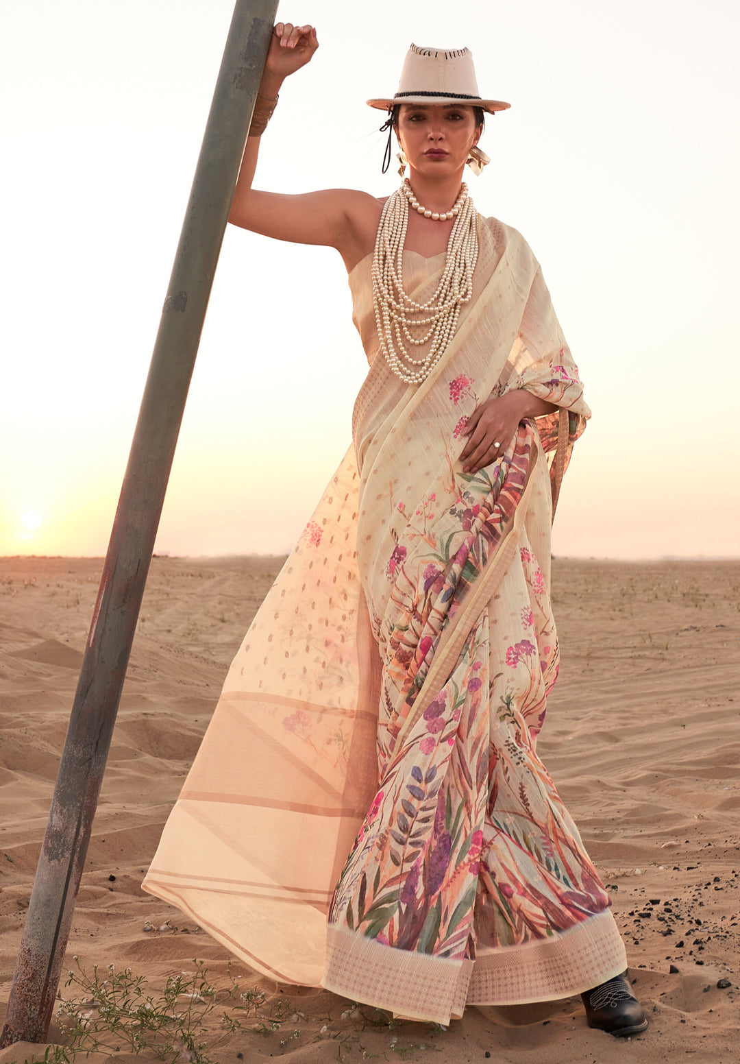 Desert Sand Cream Woven Linen Saree