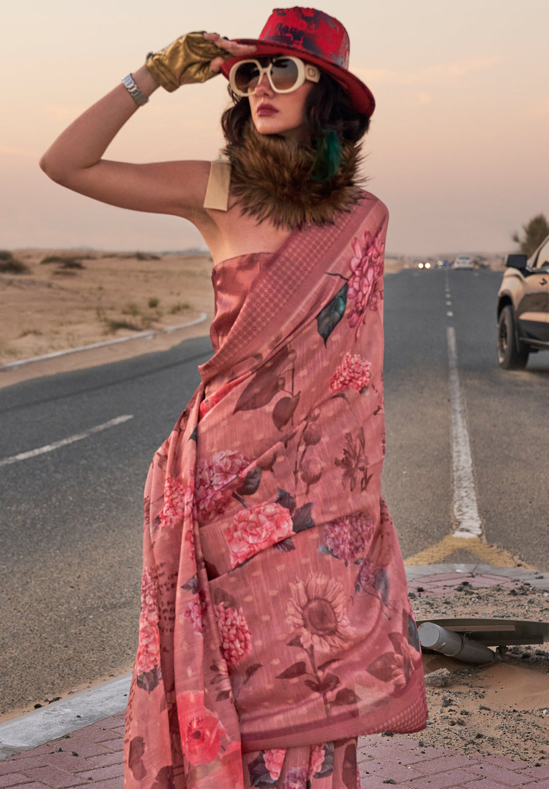 Solid Pink Woven Linen Saree