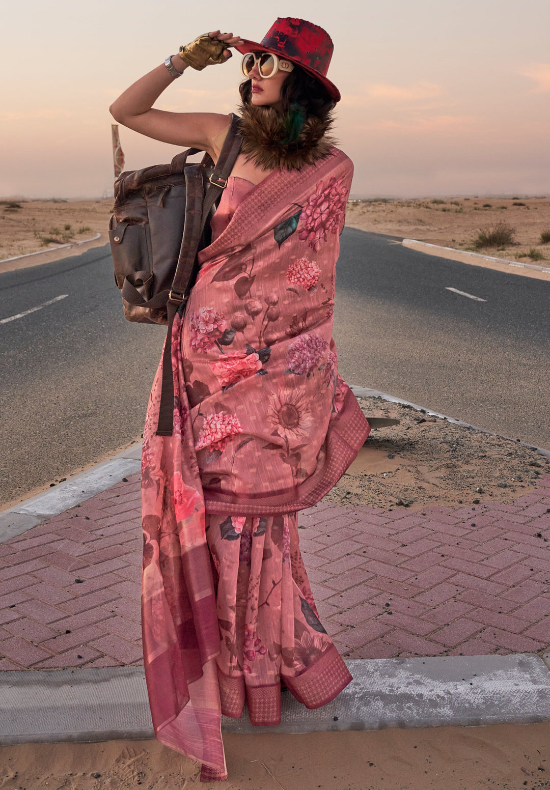 Solid Pink Woven Linen Saree