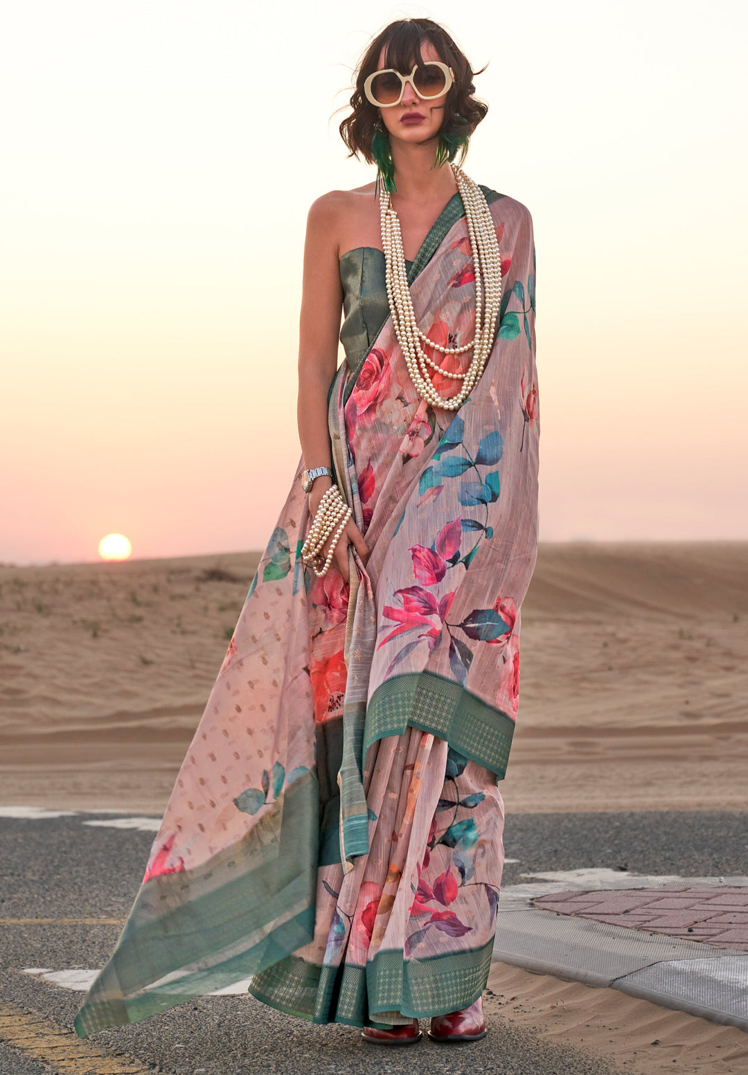 Careys Pink Woven Linen Saree