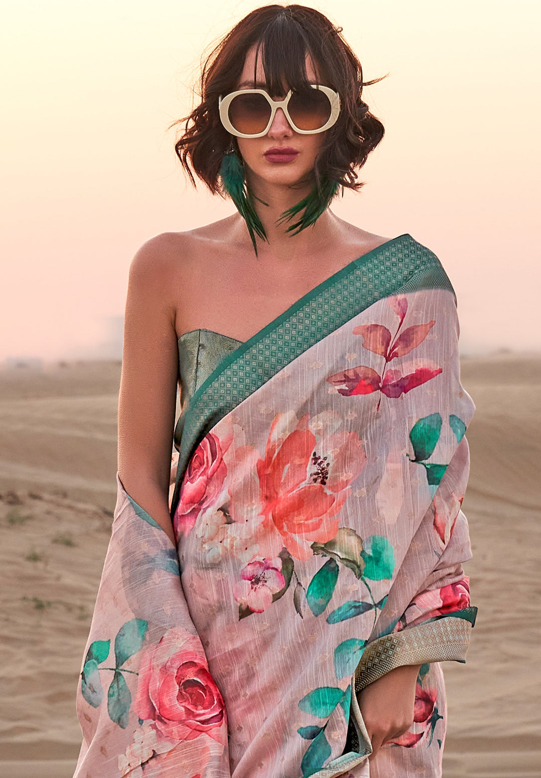 Careys Pink Woven Linen Saree