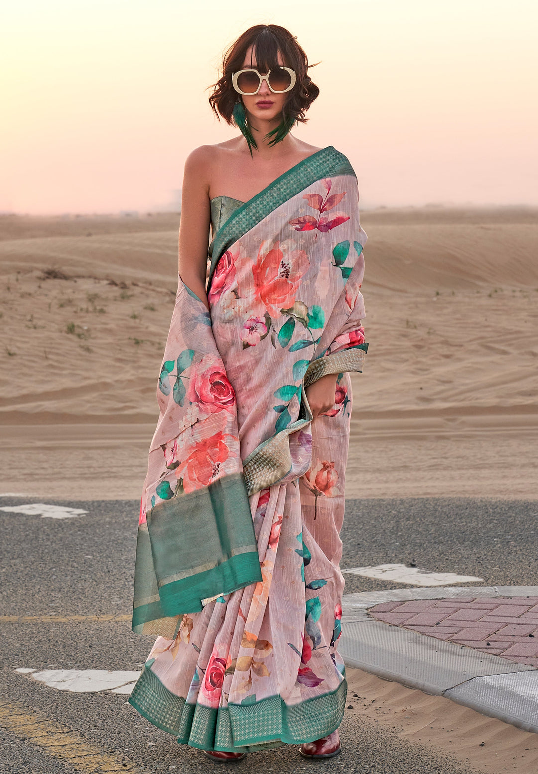 Careys Pink Woven Linen Saree