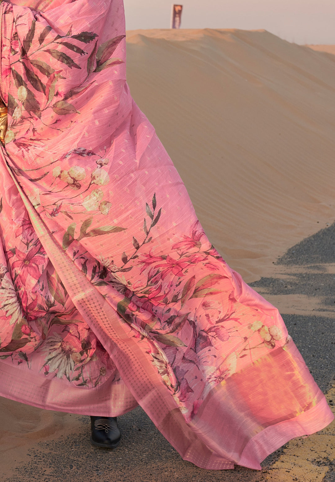 Apricot Pink Woven Linen Saree