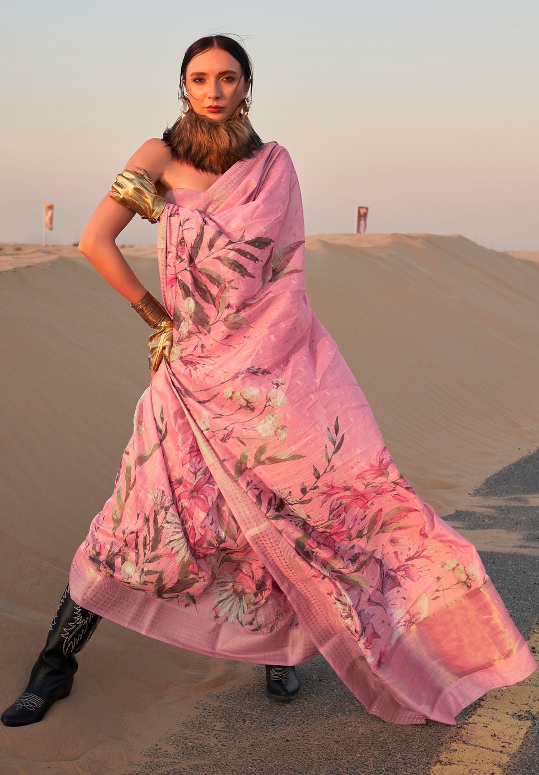 Apricot Pink Woven Linen Saree