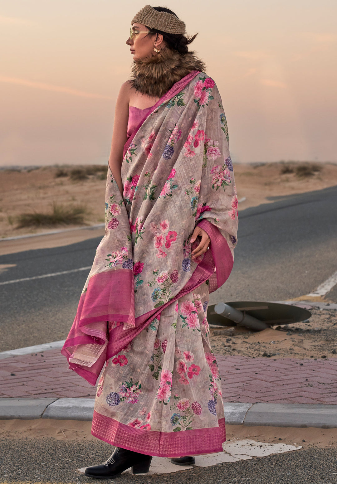 Dorado Grey Woven Linen Saree