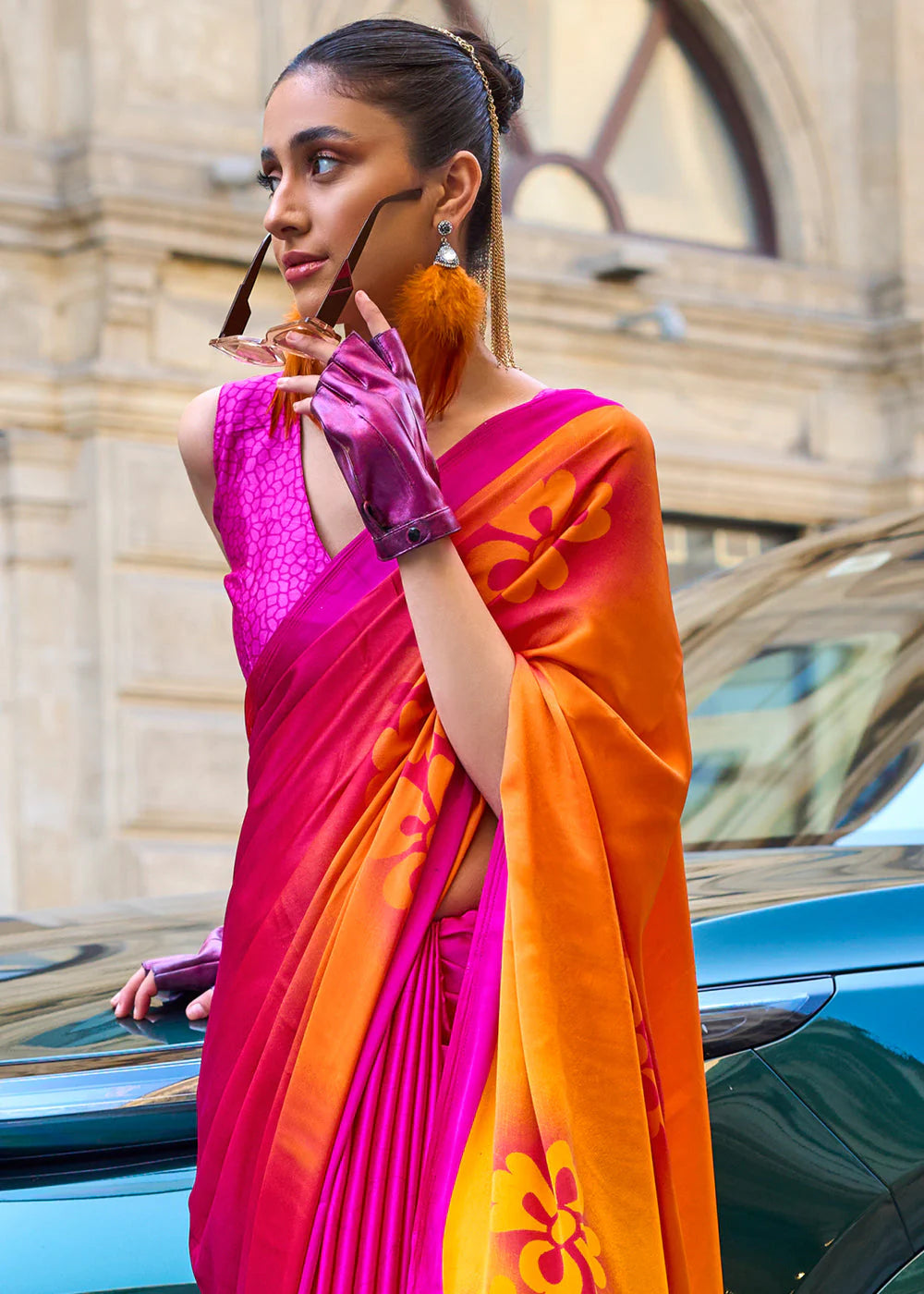 Orange and Pink Printed Satin Crepe Saree with Modern Contemporary Prints