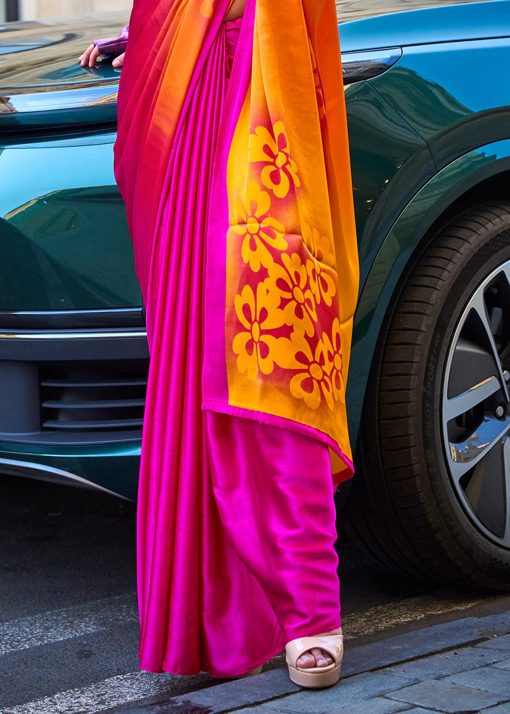 Orange and Pink Printed Satin Crepe Saree with Modern Contemporary Prints