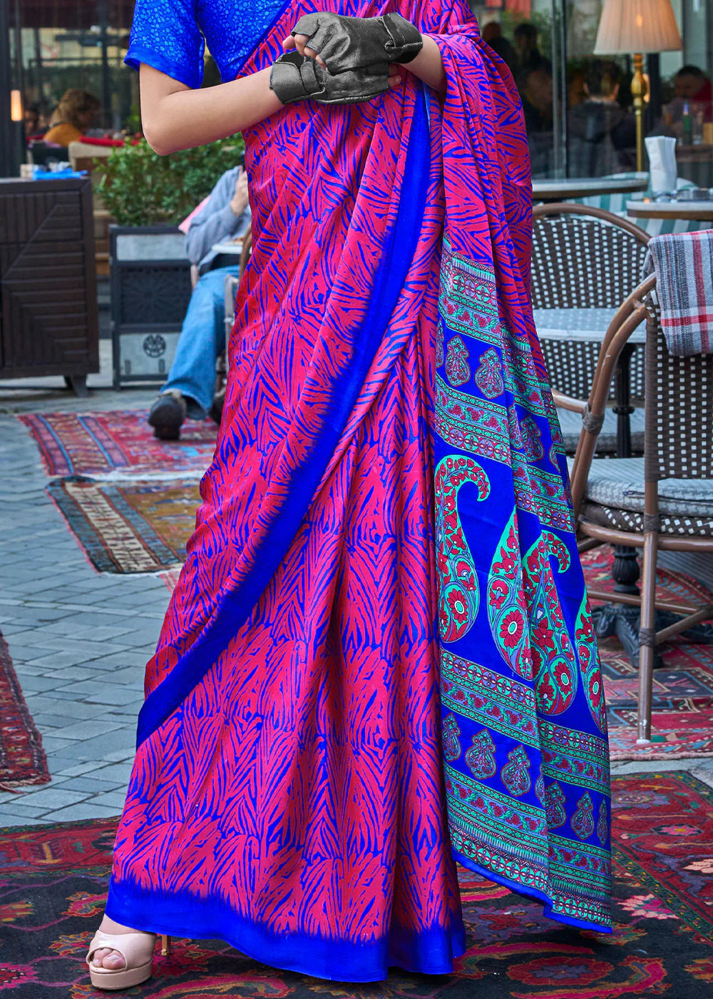 Rani Pink Printed Satin Crepe Saree with Modern Contemporary Prints