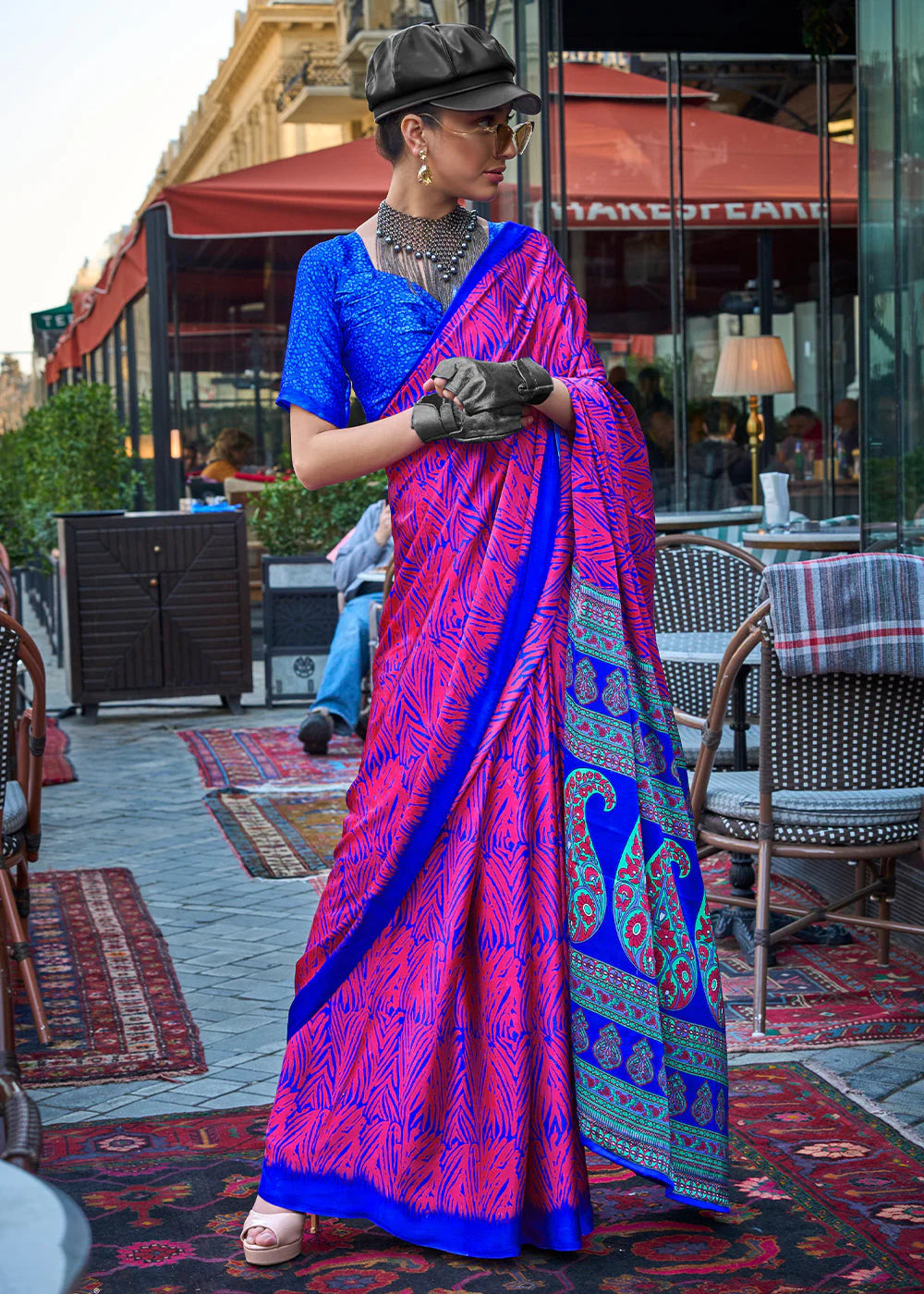 Rani Pink Printed Satin Crepe Saree with Modern Contemporary Prints