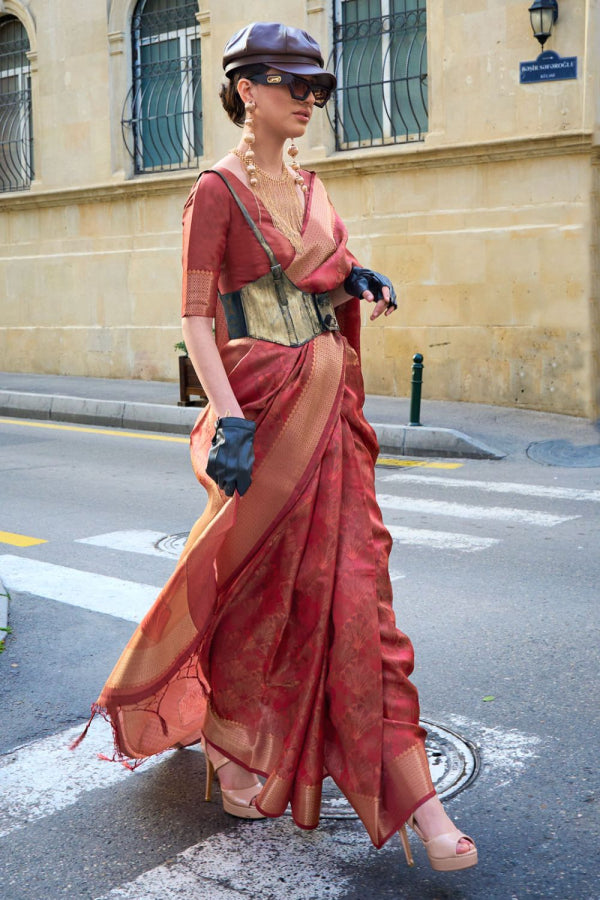 Copper Brown Woven Handloom Organza Saree