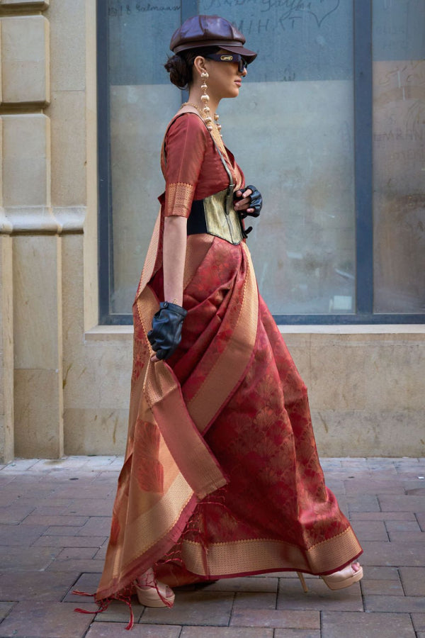 Copper Brown Woven Handloom Organza Saree