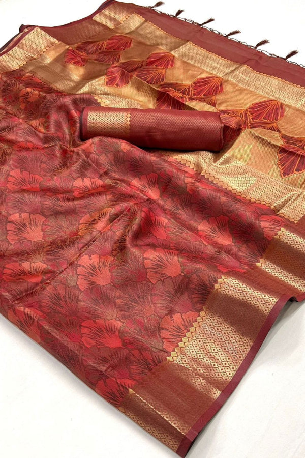 Copper Brown Woven Handloom Organza Saree