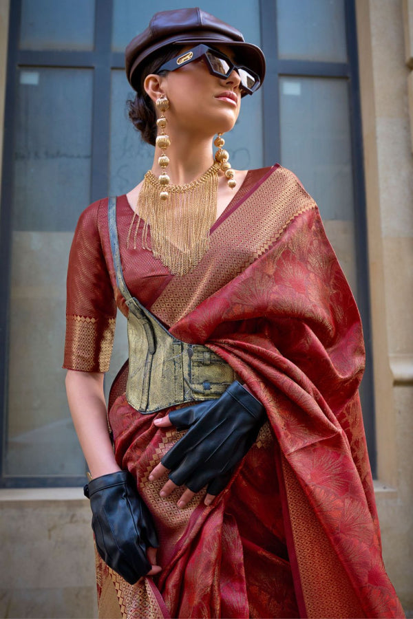 Copper Brown Woven Handloom Organza Saree