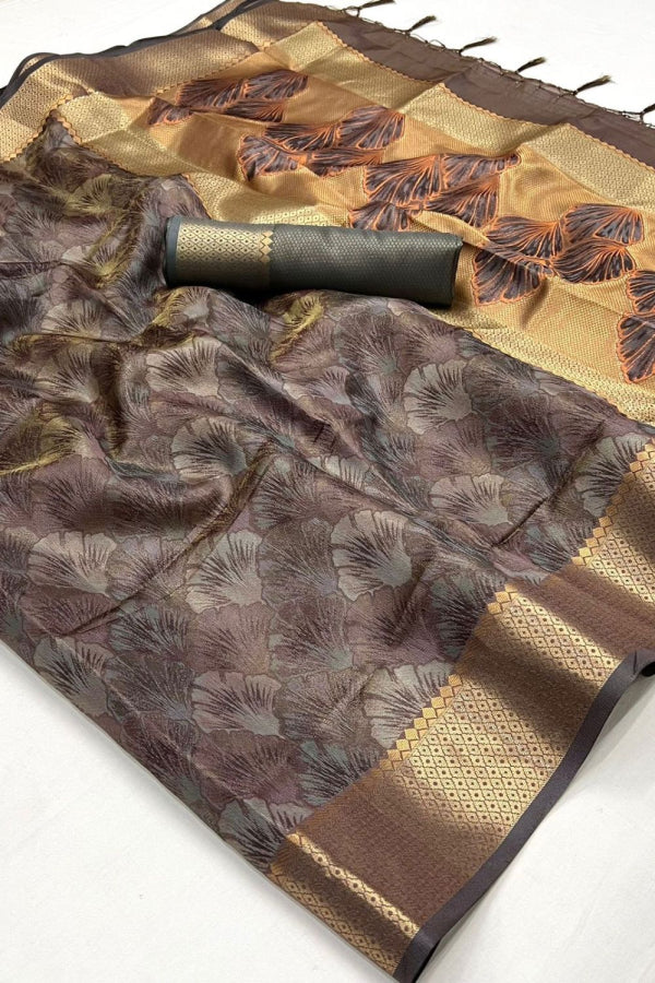 Oak Brown Woven Handloom Organza Saree