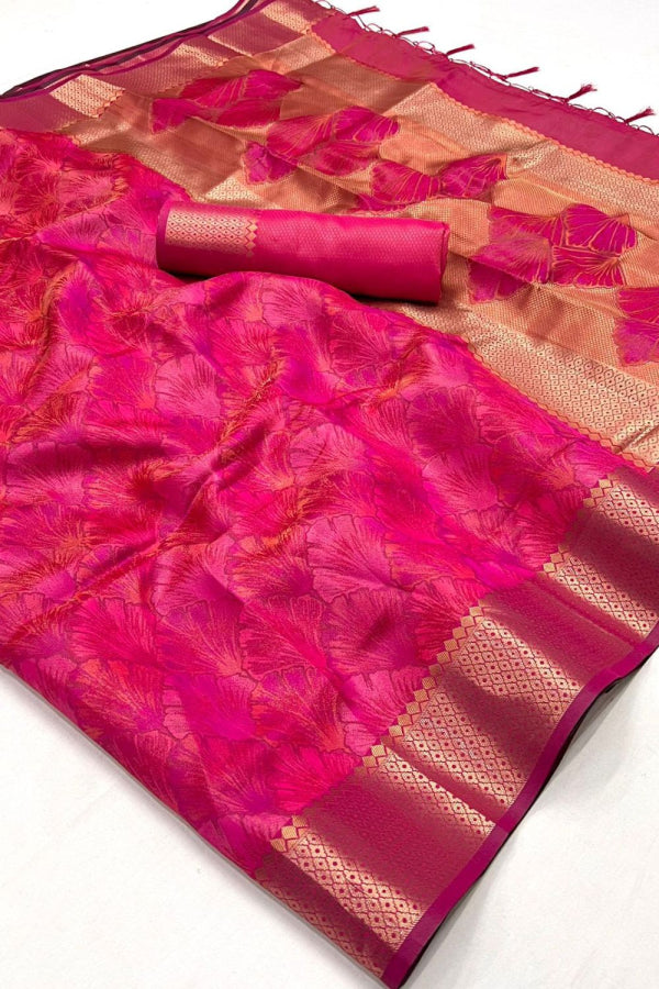 Hot Pink Woven Handloom Organza Saree