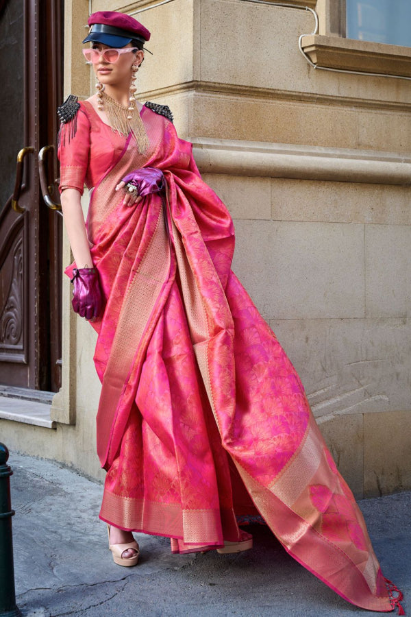 Hot Pink Woven Handloom Organza Saree