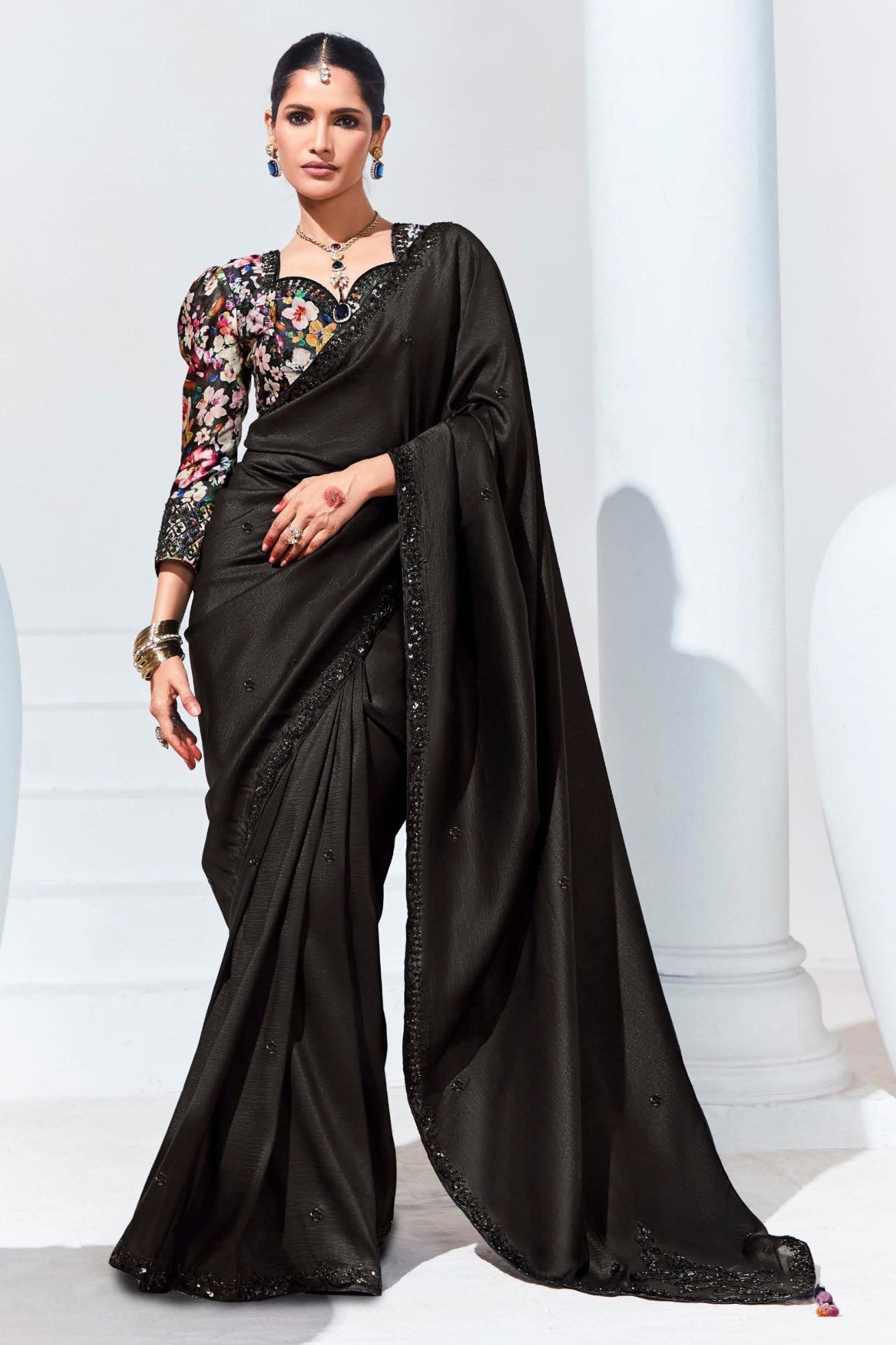 Licorice Black Tissue Organza Designer Partywear Saree