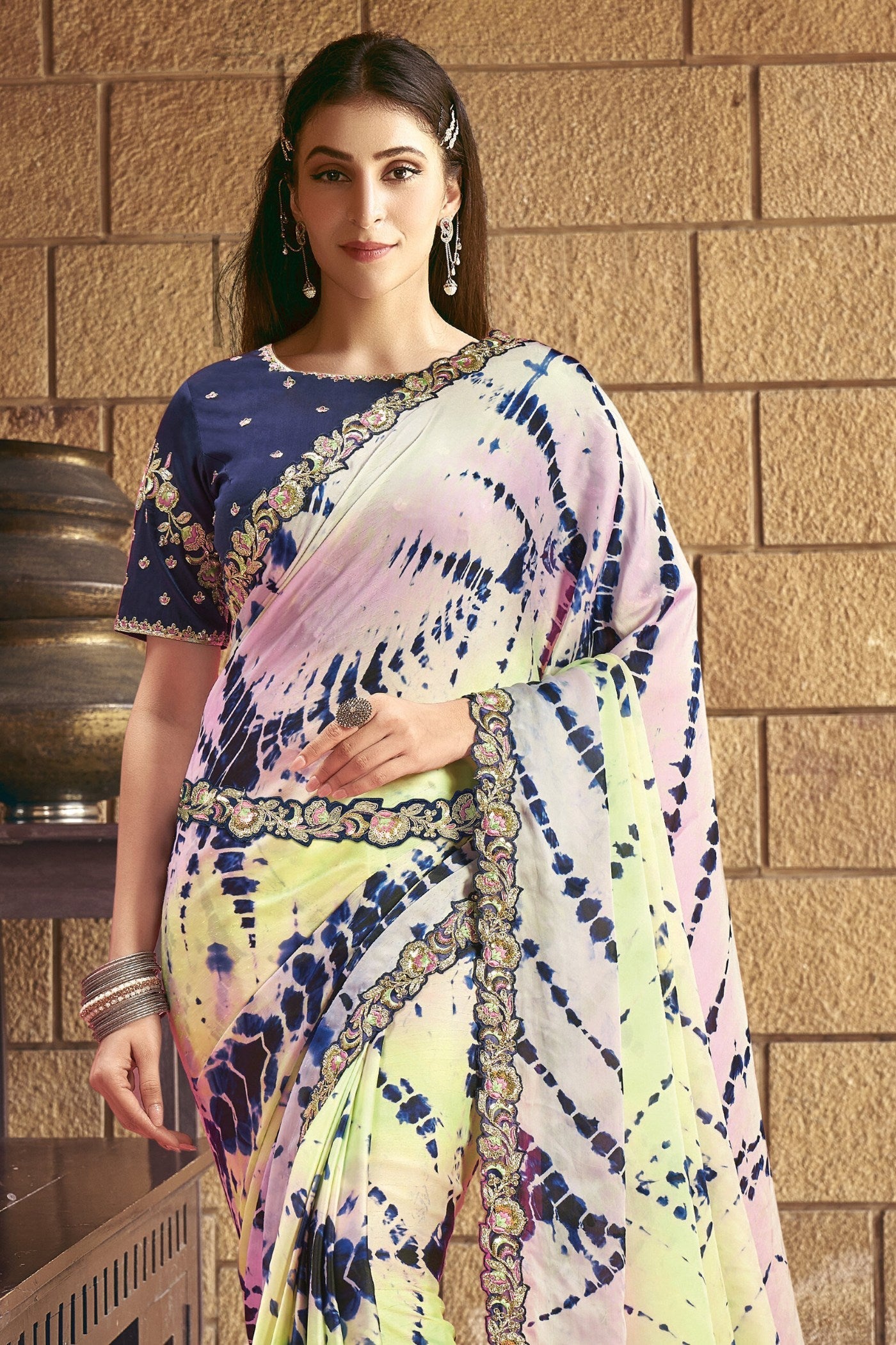 Cupid Pink and Yellow Georgette Printed Silk Saree