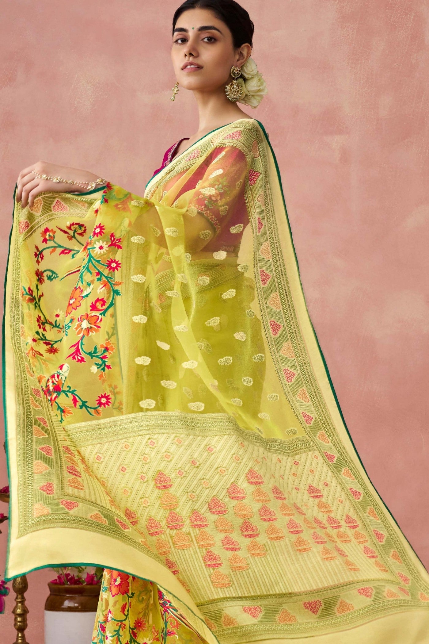 Equator Yellow Brasso Organza Printed Saree