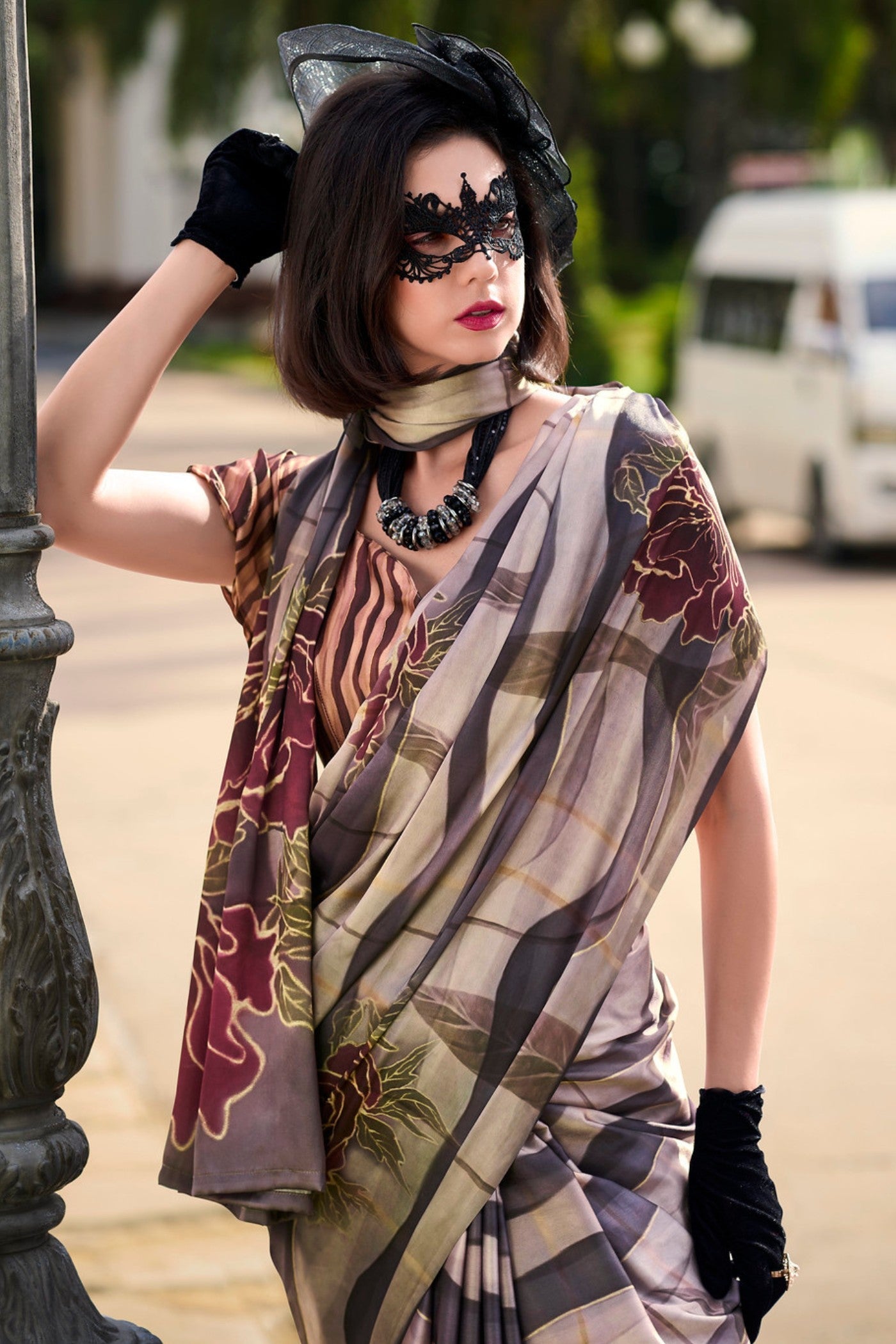 Don Juan Brown Printed Satin Crepe Silk Saree