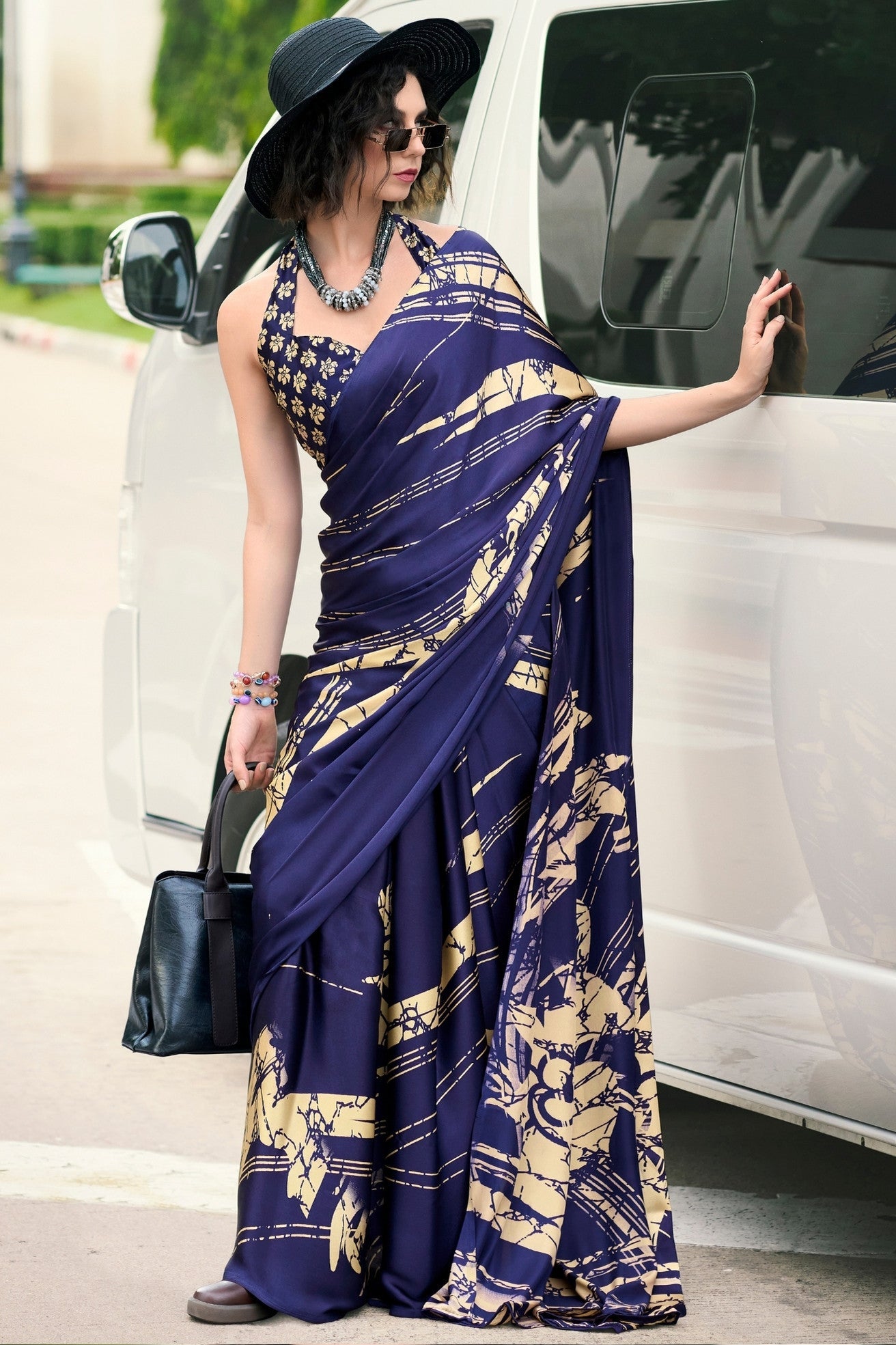 Azure Blue Printed Satin Crepe Saree